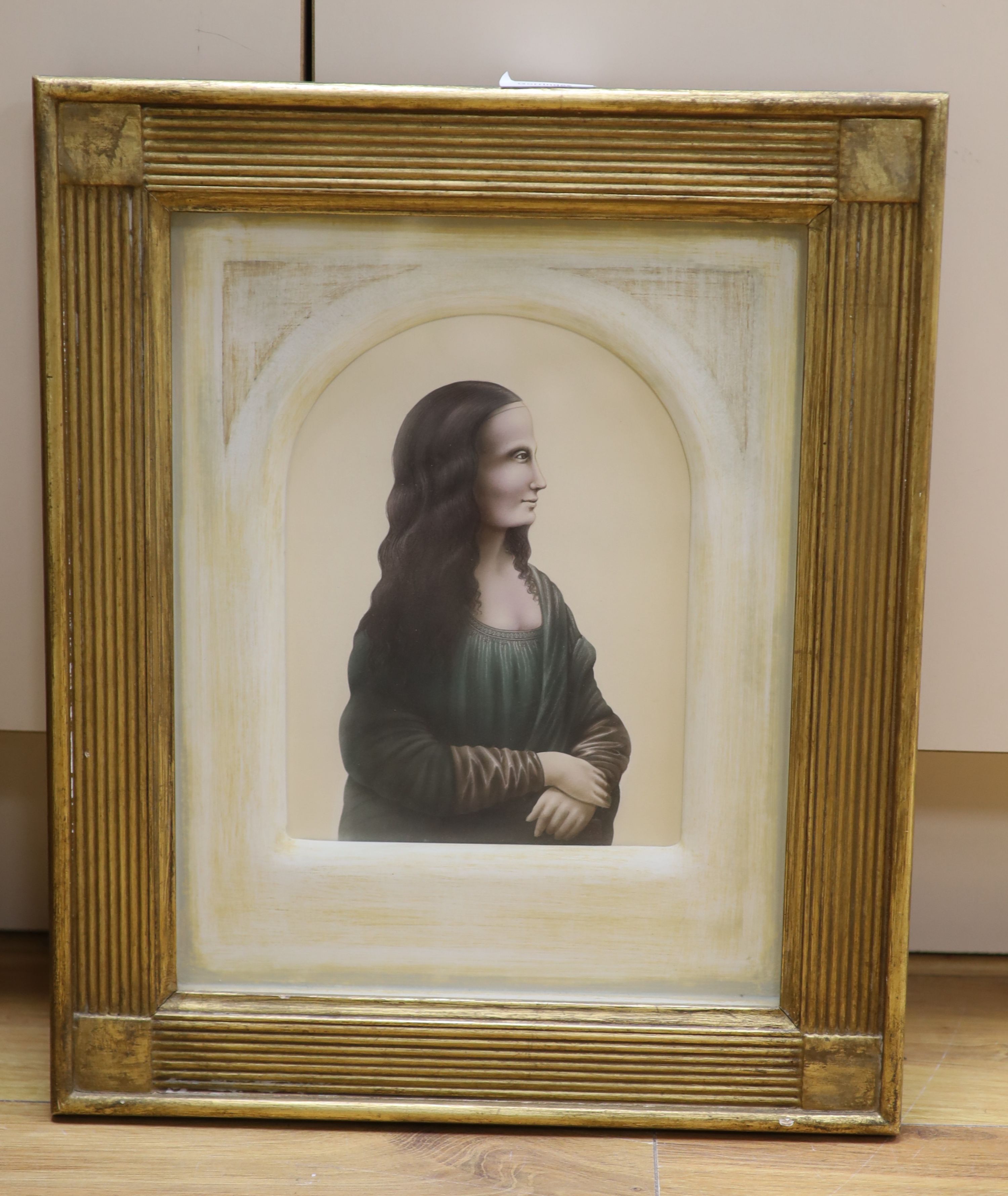 Attributed to David Pelham, tempera, Mona Lisa in an archway, signed and inscribed verso, 24 x 18cm